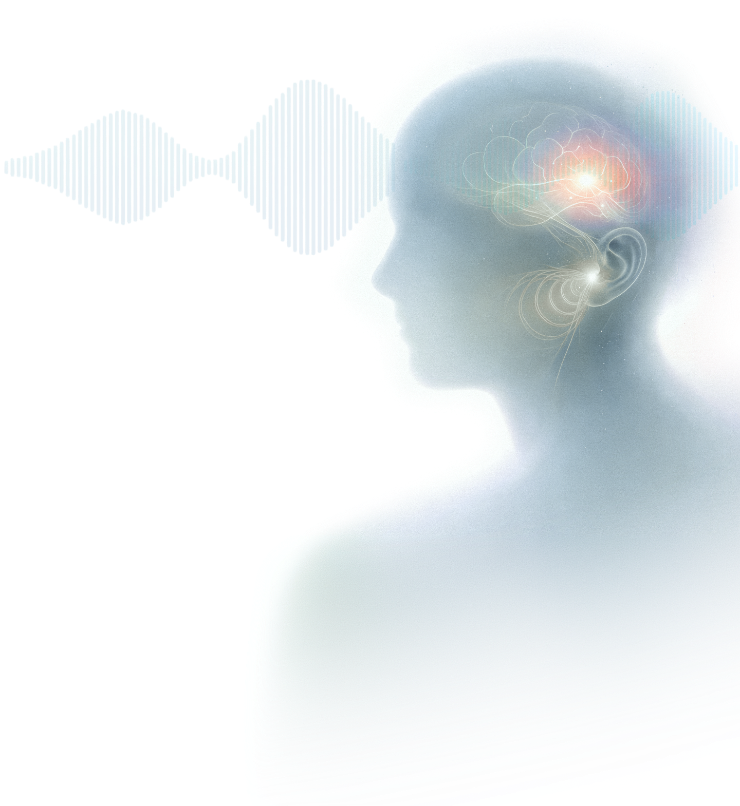 Illustration of a human head and brain with auditory soundwaves