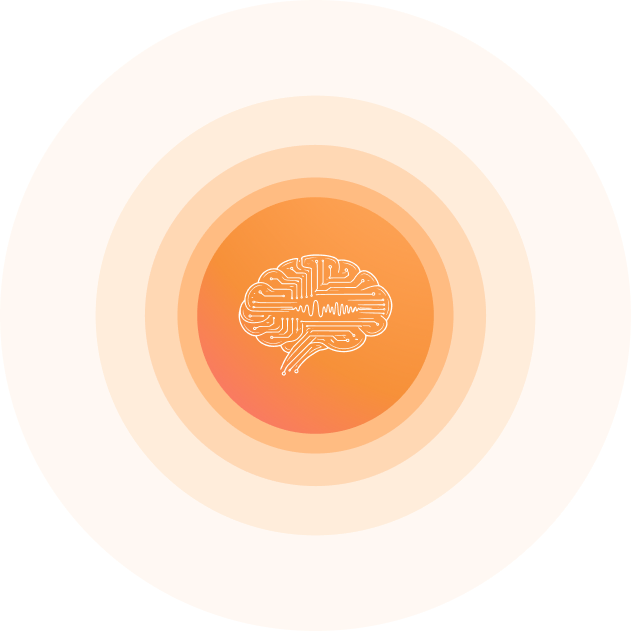 Brain illustration with orange concentric rings showing neural processing