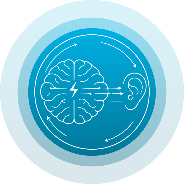 Brain illustration inside a circle with concentric teal rings